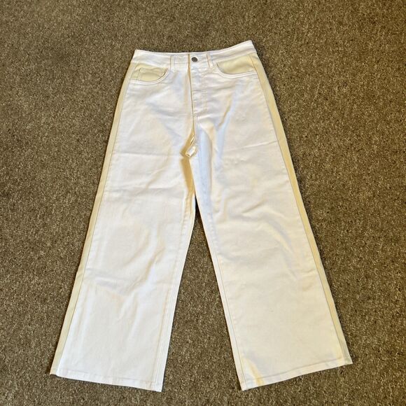 VENUS Denim - Venus Women's White Jeans 30” x 26” Sz 12 Wide Leg Cream Vinyl Trim